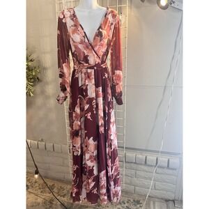 Olivia Flower Patterned Boho Sheer LinedMaxi Dress With Sash Size‎ L